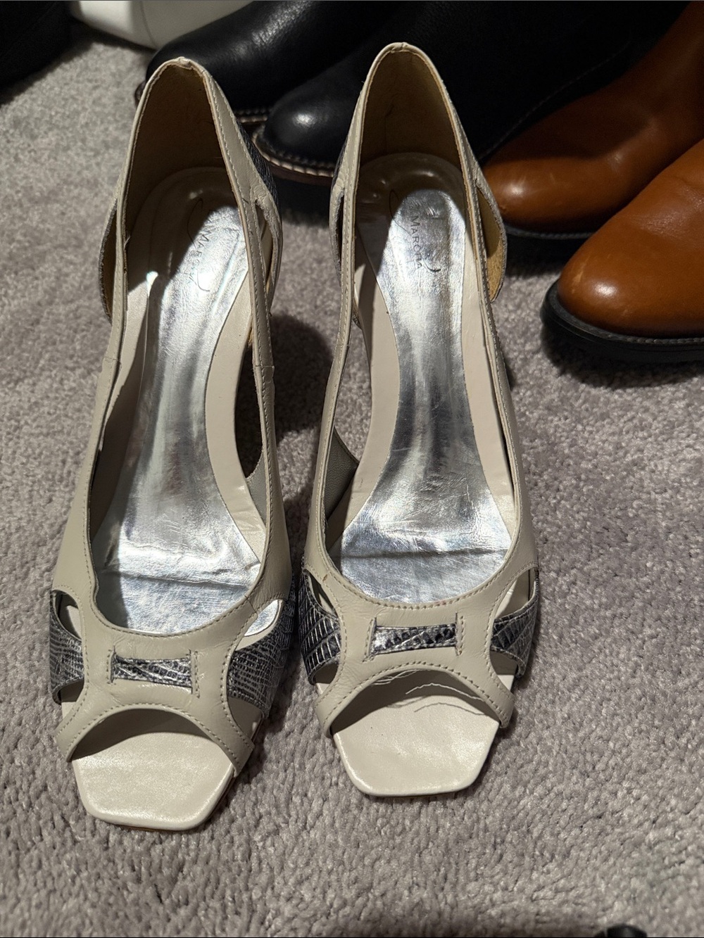 Peep-Toe Slingback Heels in Cream with Textured Accents
